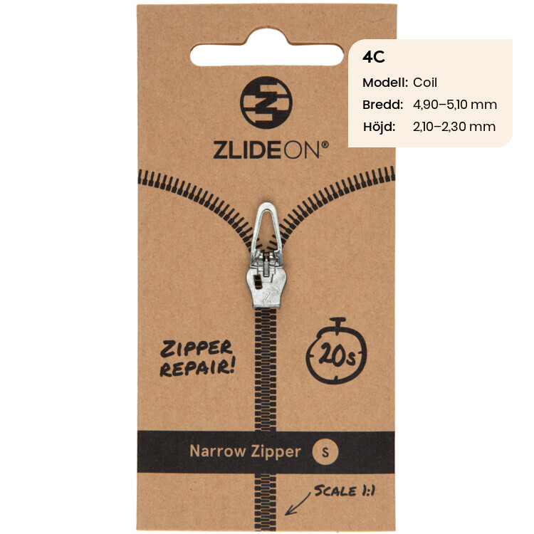 ZlideOn - løber til lynlåsen, 4C Sølv Narrow S