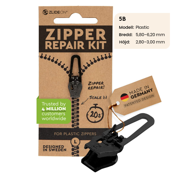 ZlideOn - løber til lynlåsen, 5B Sort normal plast L