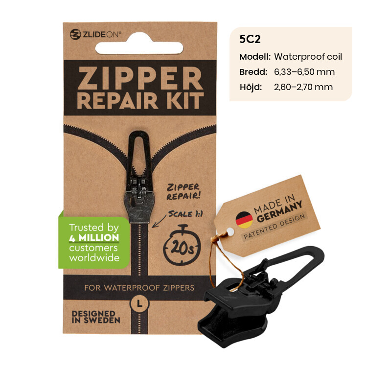 ZlideOn - løber til lynlåsen, 5C2 Sort waterproof L