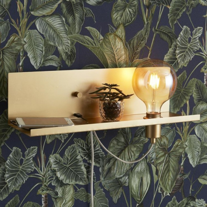 Hylde med lampeholder, lysdæmper og USB, Guld