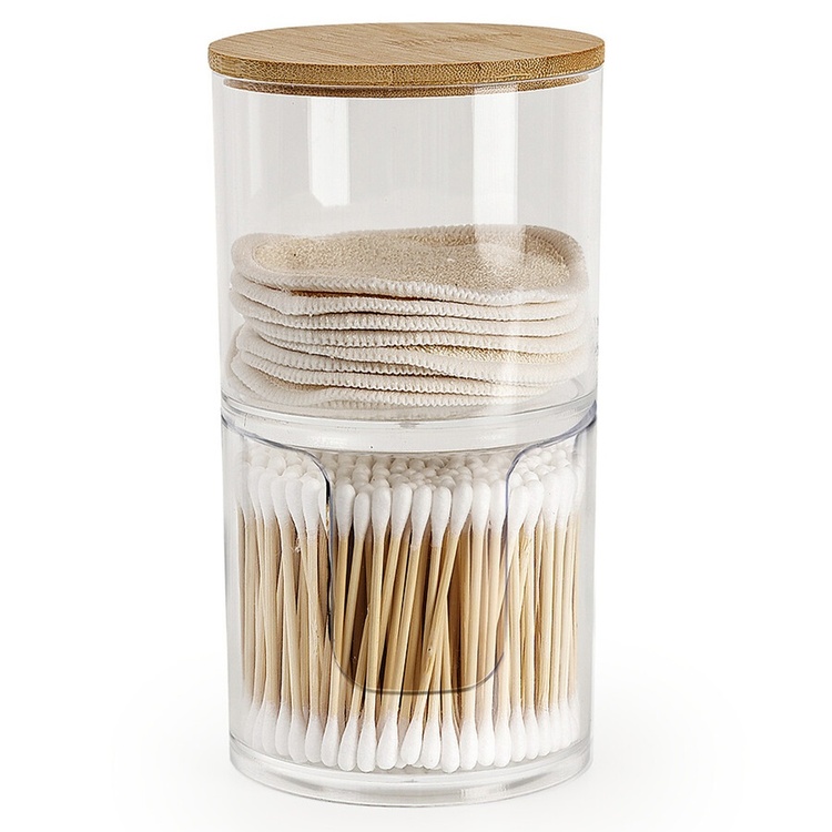 Opbevaring til vatrondeller med bambuslåg (3 varianter) Transparent Rund Plast 10cm x 10cm x 18cm - Transparent - 10cm x 10cm x 18cm - Adeline