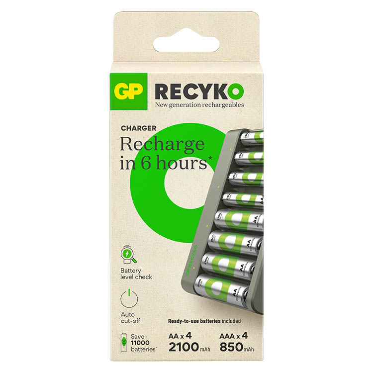 Batterioplader med batterier, GP ReCyko