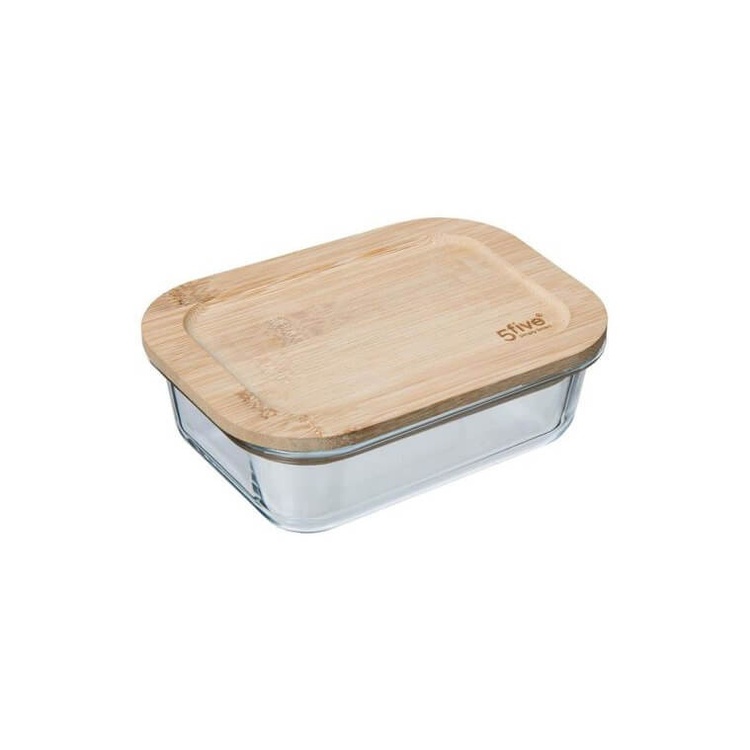 Glasmadkasse med bambuslåg, 0,4 L, BOÎTE VERRE BAMBOU, 14,5 x 10,5 x H 5,5 cm, Klar / Natur