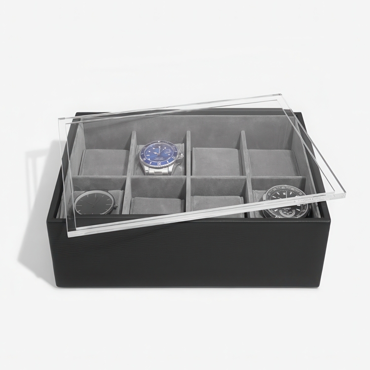 Æske til ure med display-låg, STACKERS WATCH BOX, 18 x 26 x H 9,5 cm Sort