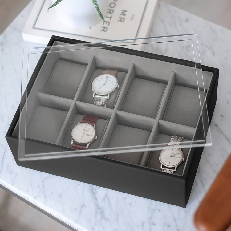 Æske til ure med display-låg, STACKERS WATCH BOX, 18 x 26 x H 9,5 cm Sort