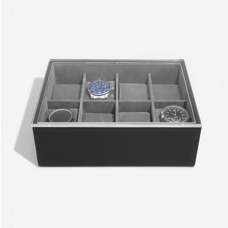 Æske til ure med display-låg, STACKERS WATCH BOX, 18 x 26 x H 9,5 cm Sort