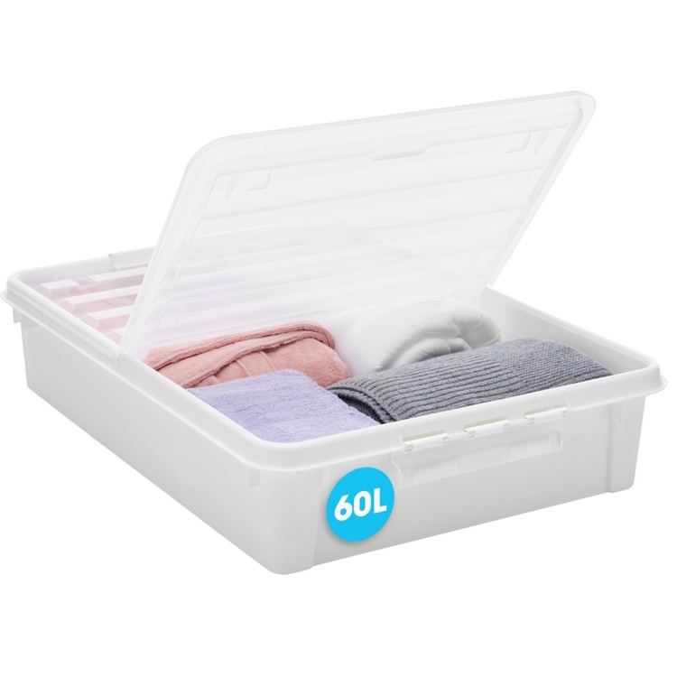 Stor opbevaringskasse under sengen med hjul 60L, SmartStore, Klar/sort