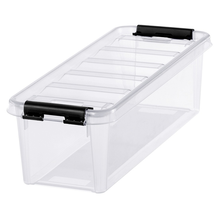 Lang og smal opbevaringskasse med låg 20L, SmartStore, Klar/sort
