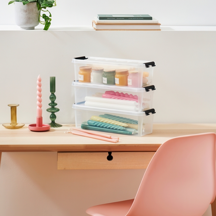 Lang og smal opbevaringskasse med låg 20L, SmartStore, Klar/sort