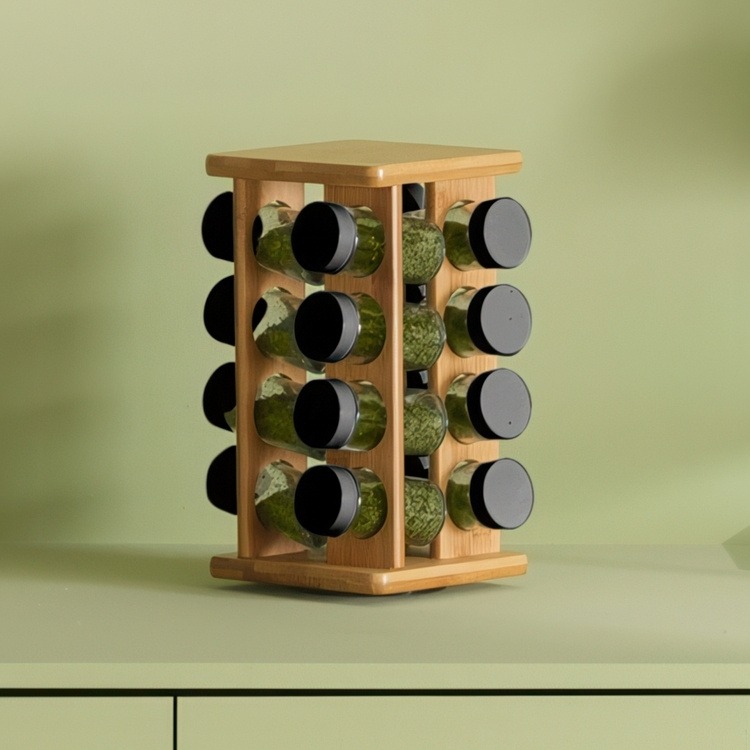 Roterende krydderireol med 16 glas, bambus