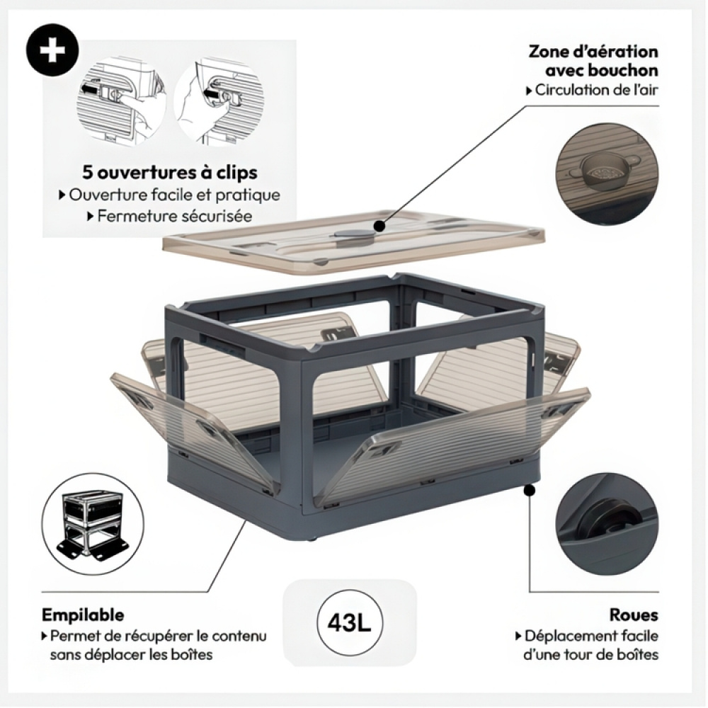 Kasse med hjul, stabelbar, MOBILE FOLDING BOX, 51,5 x 36 x H 30 cm, mørkegrå i gruppen Opbevaring / Hallopbevaring hos SmartaSaker.se (41801)