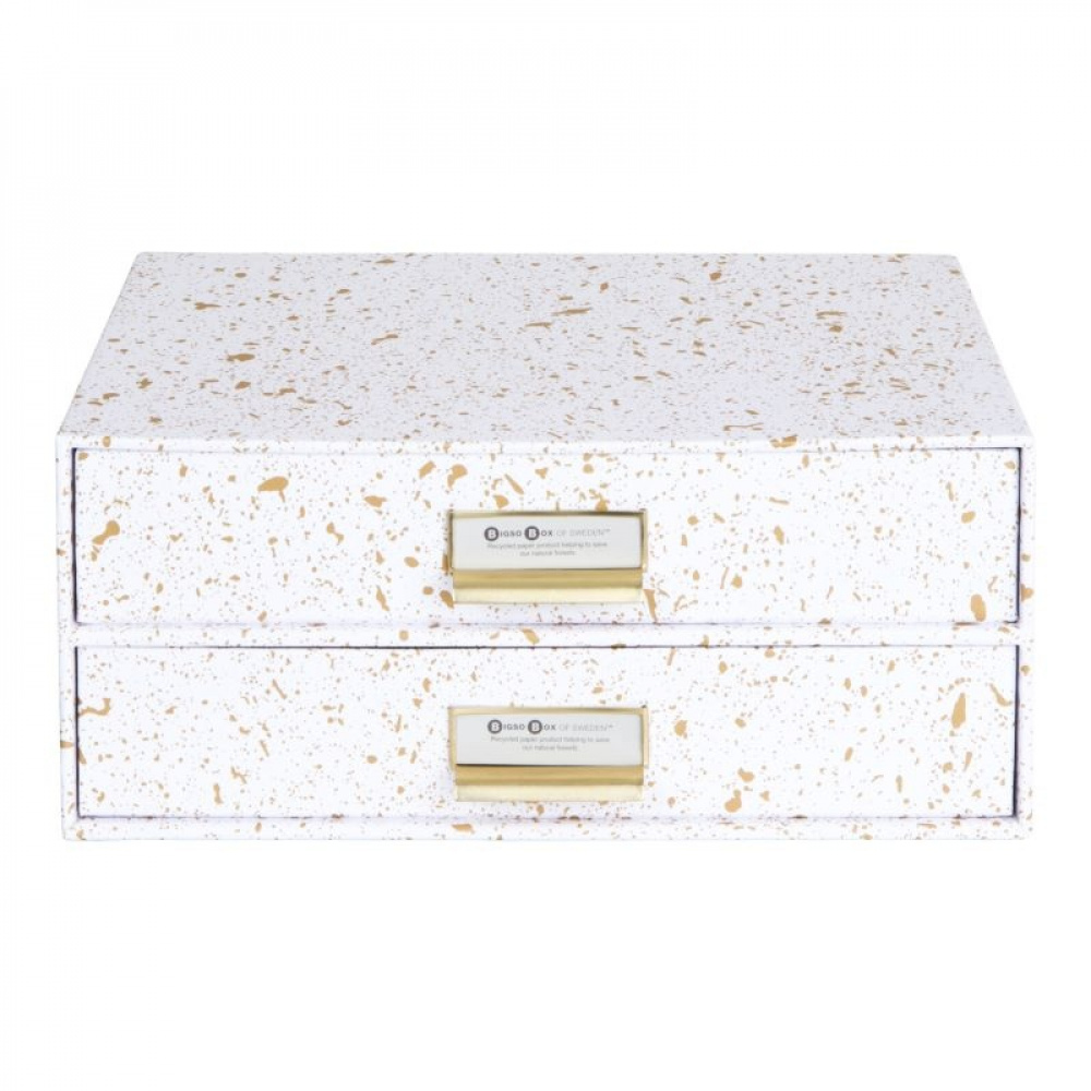 Mini-kommode, 2 skuffer, BIGSO BIRGER, 33 x 25,5 x H 14,5 cm, Hvid / Splash Guld i gruppen Opbevaring / Opbevaringskasser / Bigso opbevaringskasser hos SmartaSaker.se (42263-vit-splash-guld)